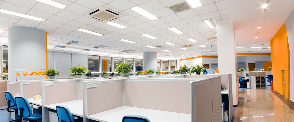 A well-lit office building
